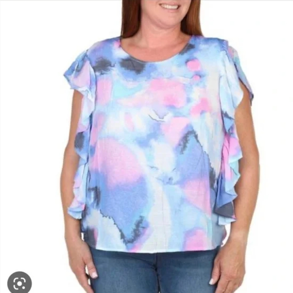 New Zac & Rachel Blue Pink Tie Dye Flutter Sleeve Blouse 2X